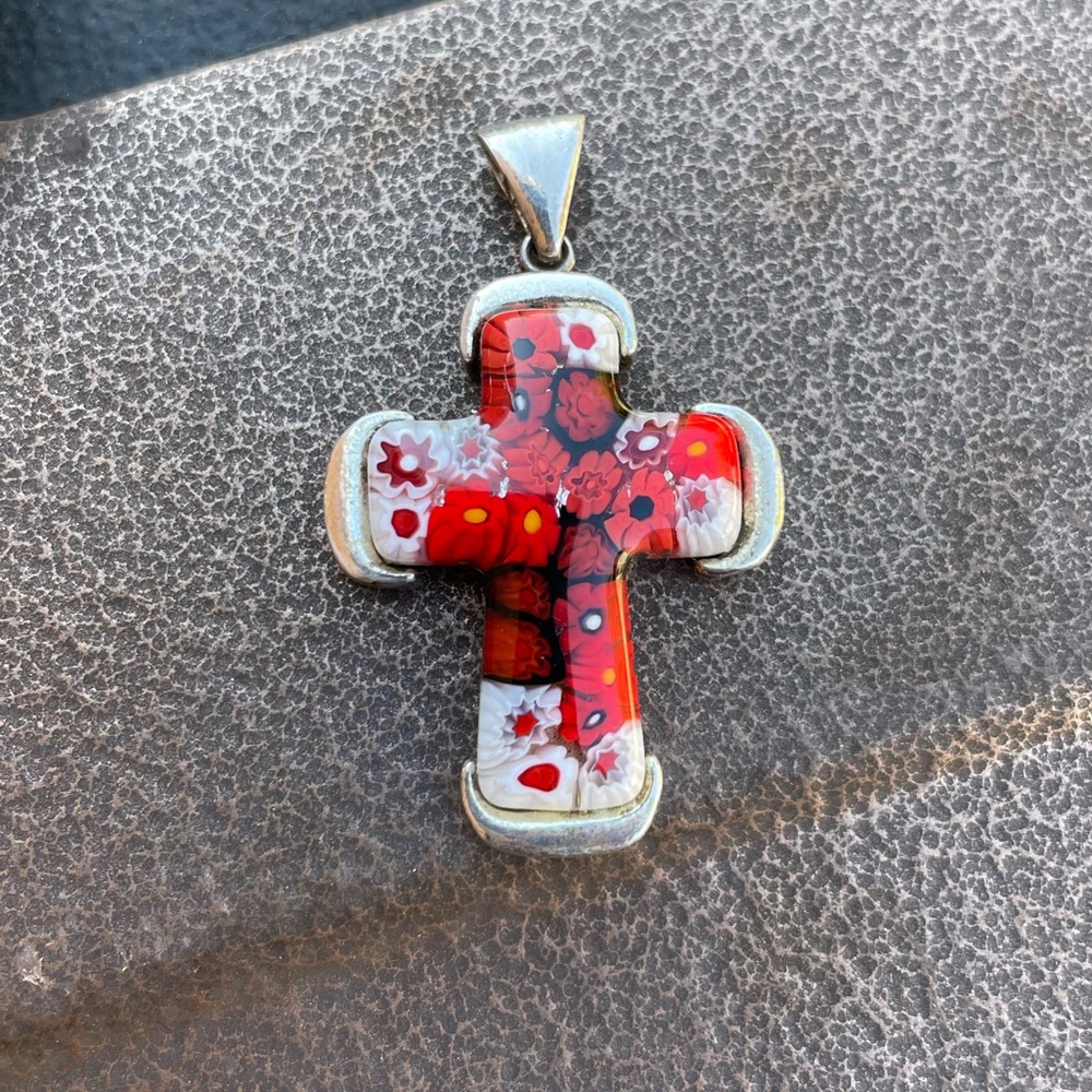 Handmade in Murano, Italy Millefiori glass cross 925 sterling silver pendant - Picture 4 of 16
